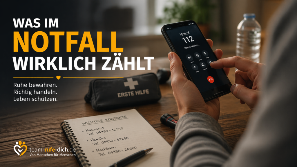Person hält ein Smartphone und bereitet sich ruhig auf eine Notfallsituation vor, mit Fokus auf klares und überlegtes Handeln