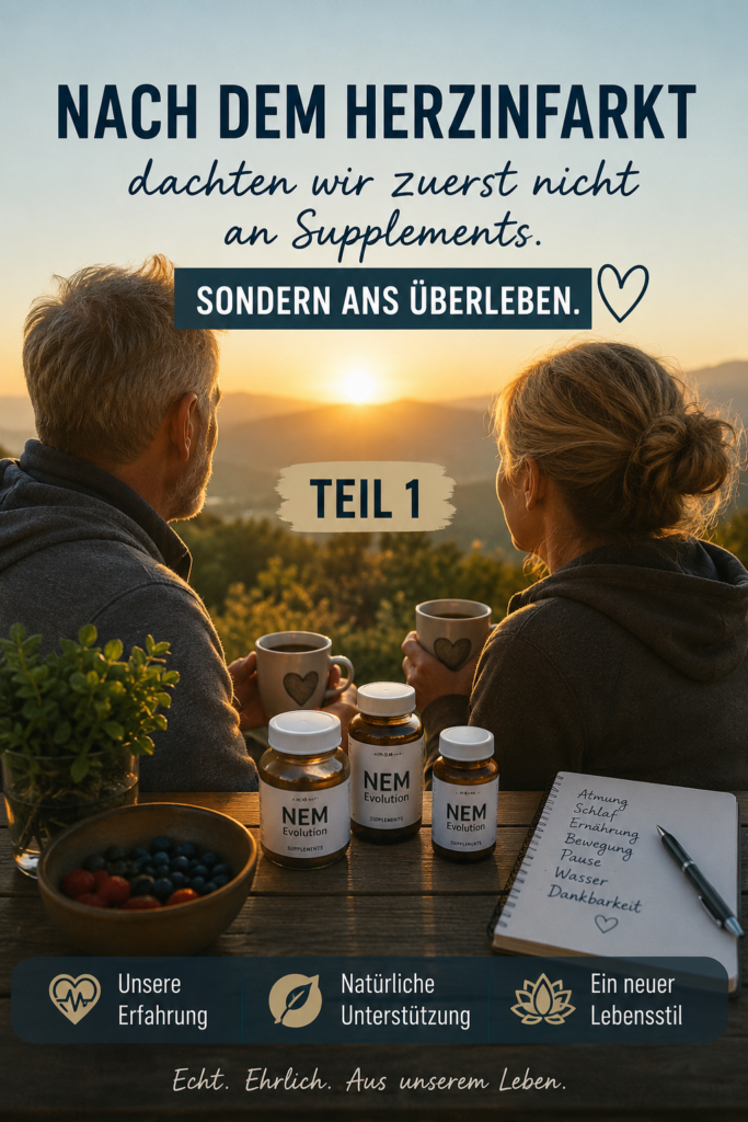 Mann und Frau beginnen nach einem Herzinfarkt mit natürlichen Routinen, Kräutern, Brennnessel-Smoothies und bewusster Ernährung einen neuen Weg zu mehr Gesundheit und Wohlbefinden.