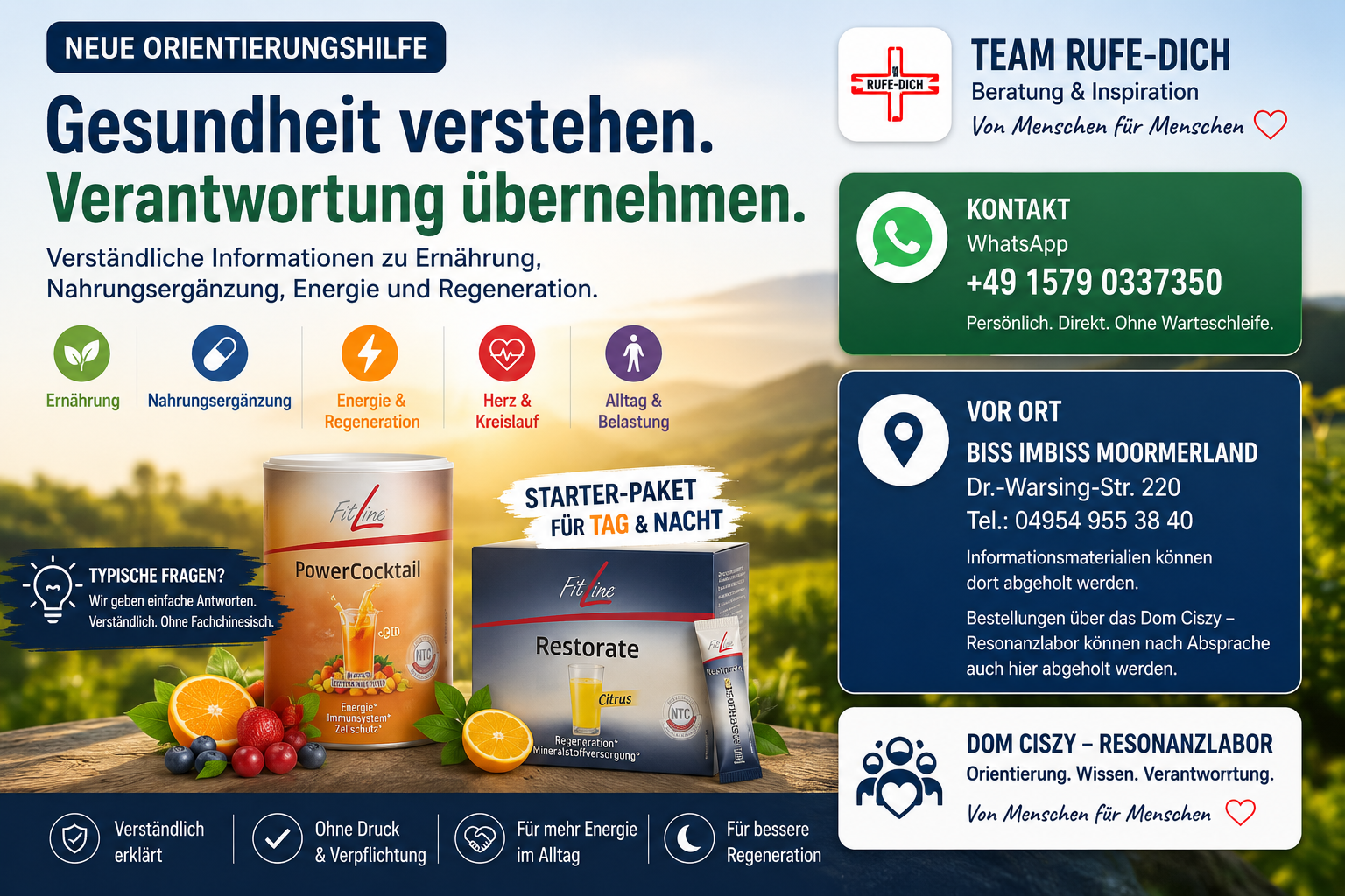 Informationsangebot zu Ernährung, Nahrungsergänzung, Energie und Regeneration mit FitLine PowerCocktail, Restorate und persönlicher Orientierung durch das Dom Ciszy – Resonanzlabor