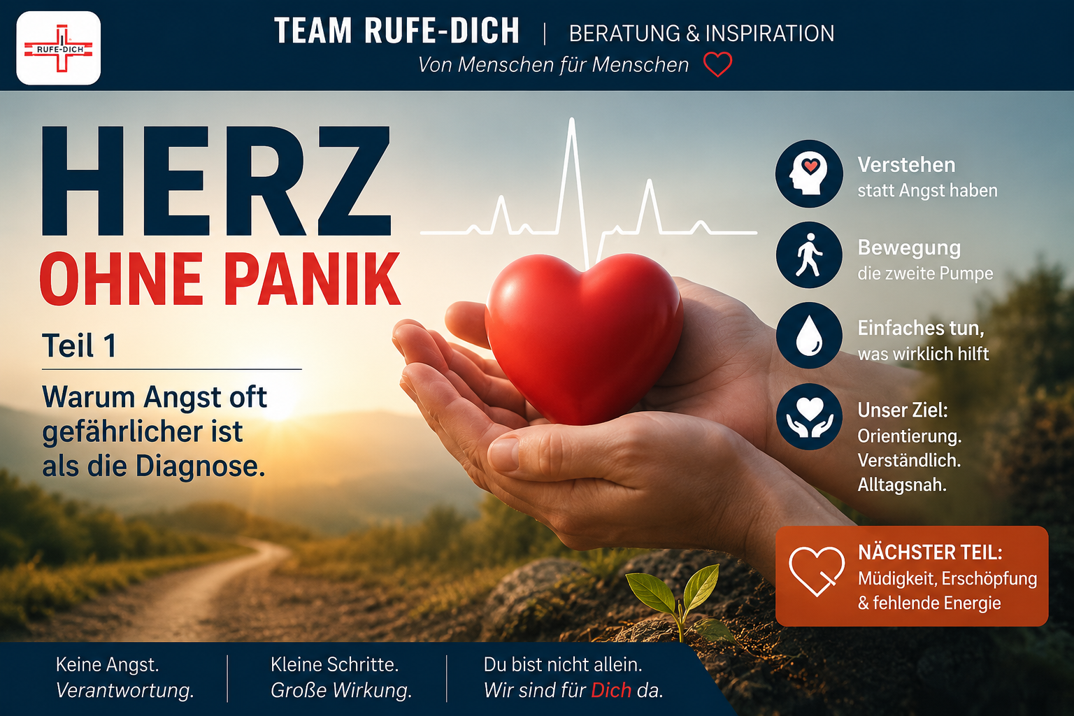 Herz ohne Panik – Rotes Herz in schützenden Händen als Symbol für Orientierung, Gesundheit, Bewegung und Selbstverantwortung im Alltag.