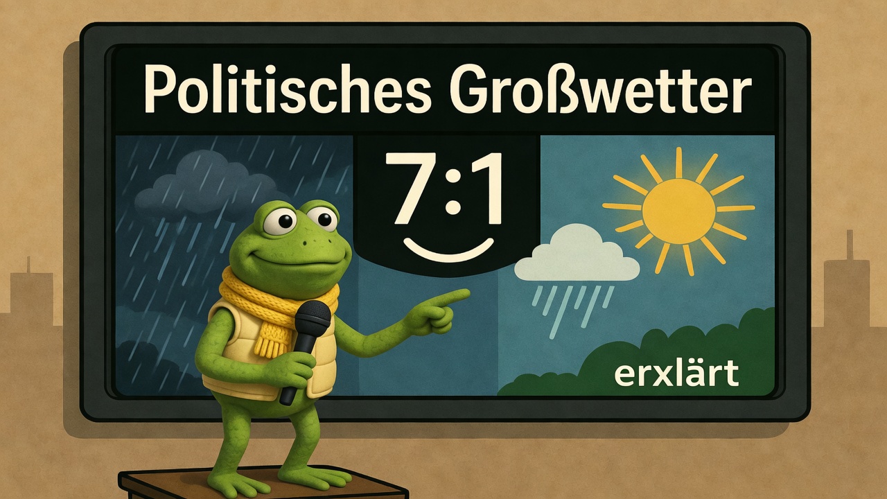 Grüner Wetterfrosch Kermit vor einer Wettertafel mit Sonne, Regenwolken und dem Ergebnis 7:1. Satirische Darstellung der politischen Großwetterlage in Deutschland.