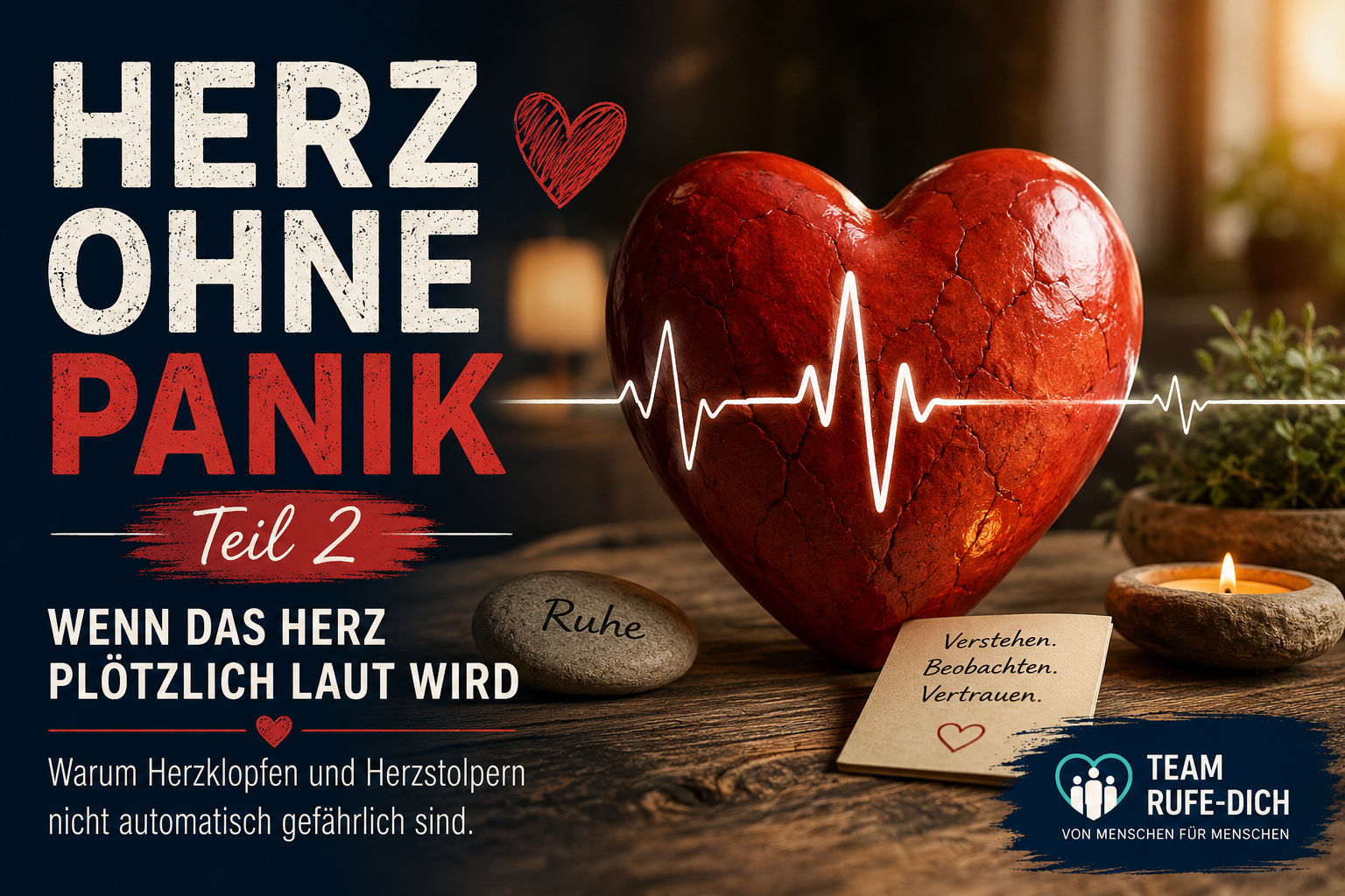 Herz ohne Panik Teil 2 – Symbolbild mit Herz und EKG-Linie. Artikel über Herzklopfen, Herzstolpern und den bewussten Umgang mit Herzsymptomen.