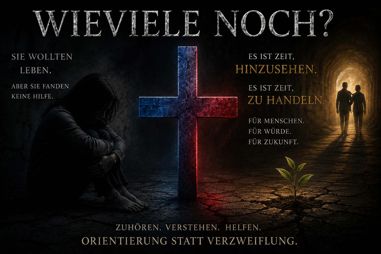 Dunkles Motiv mit beleuchtetem Kreuz und der Aufschrift „Wieviele noch? Wenn das kalt lässt, der hat kein Herz“. Symbol für Mitgefühl, Menschlichkeit und gesellschaftliche Verantwortung.