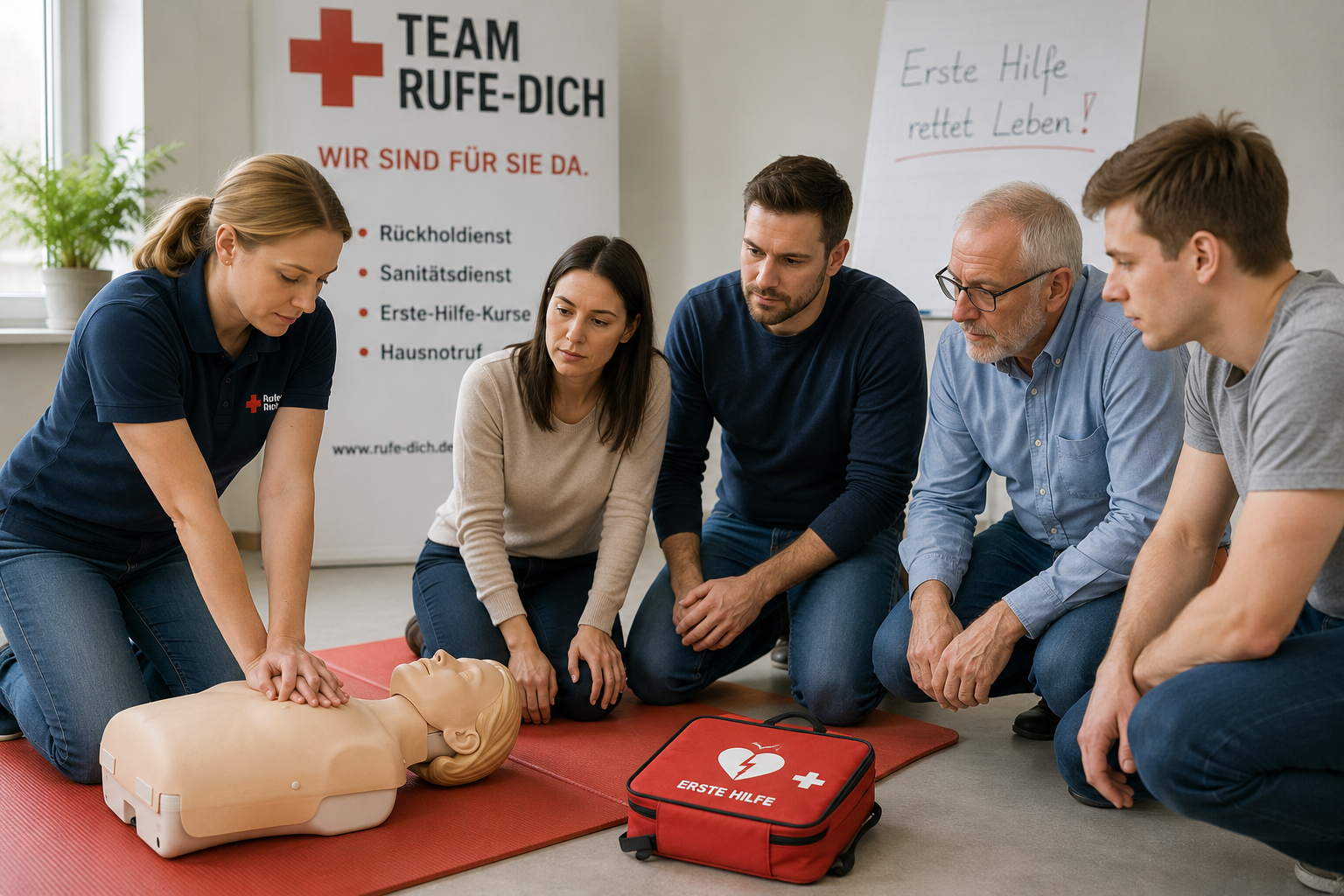 Teilnehmer eines Erste-Hilfe-Kurses üben gemeinsam die Herz-Lungen-Wiederbelebung an einer Reanimationspuppe. Erste Hilfe gibt Sicherheit und kann Leben retten.