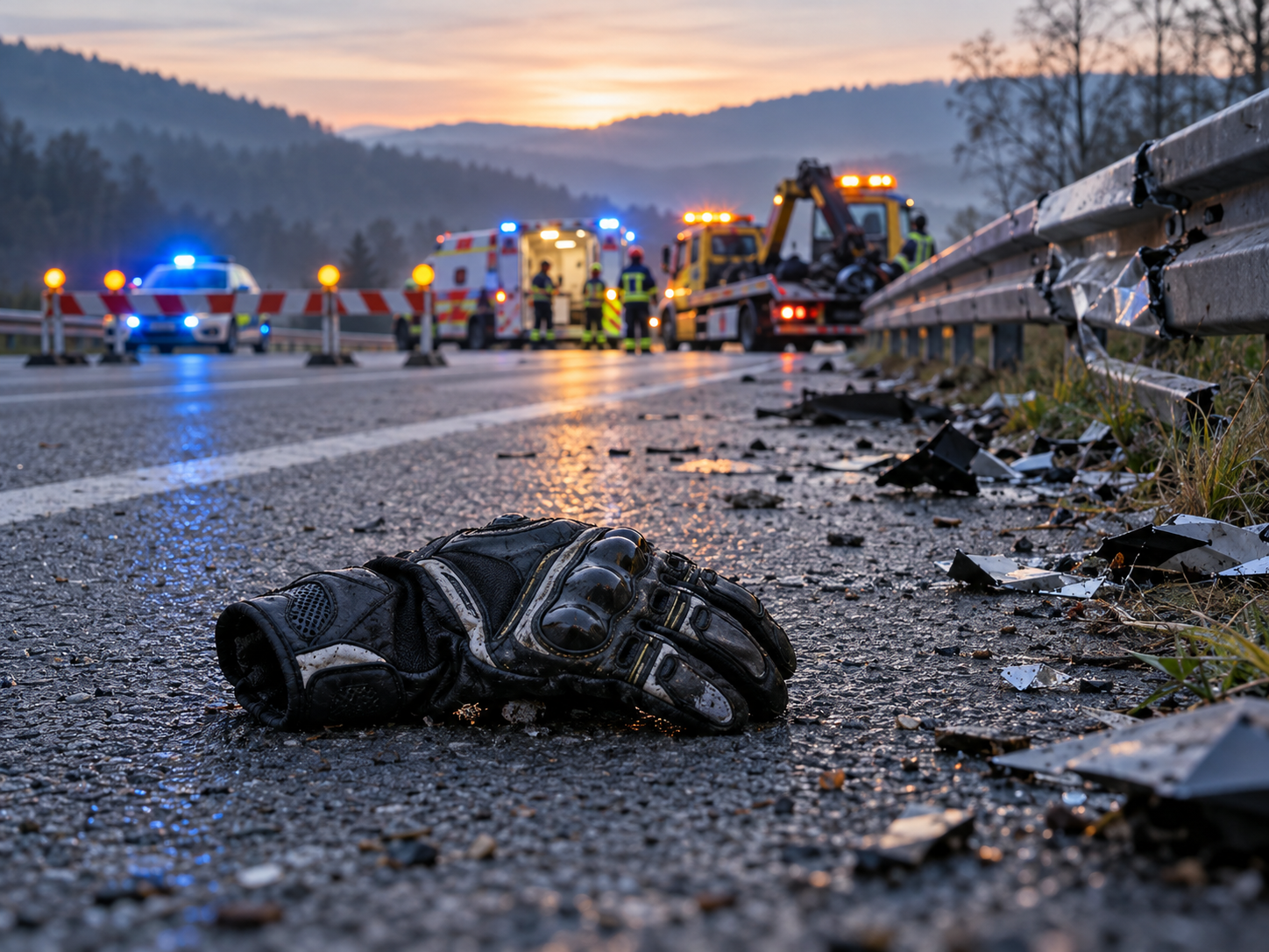 Motorradhelm und Einsatzlichter nach einem schweren Unfall – Folgen illegaler Straßenrennen