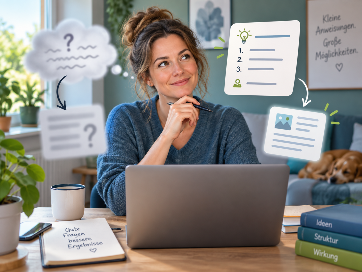 Frau am Laptop mit visualisierten Anweisungen als Motiv zur Erklärung, was ein Prompt bei KI ist.