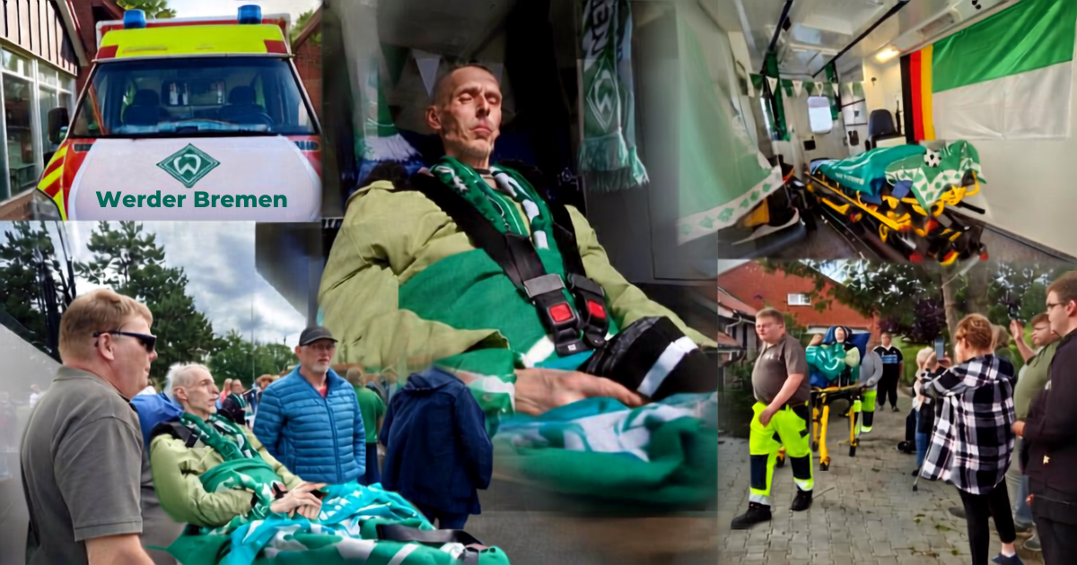 Fotocollage einer Herzenswunsch-Fahrt mit Rettungswagen, schwer erkranktem Werder-Bremen-Fan, Begleitern und grün-weißer Ausstattung auf dem Weg zum Fußballerlebnis.