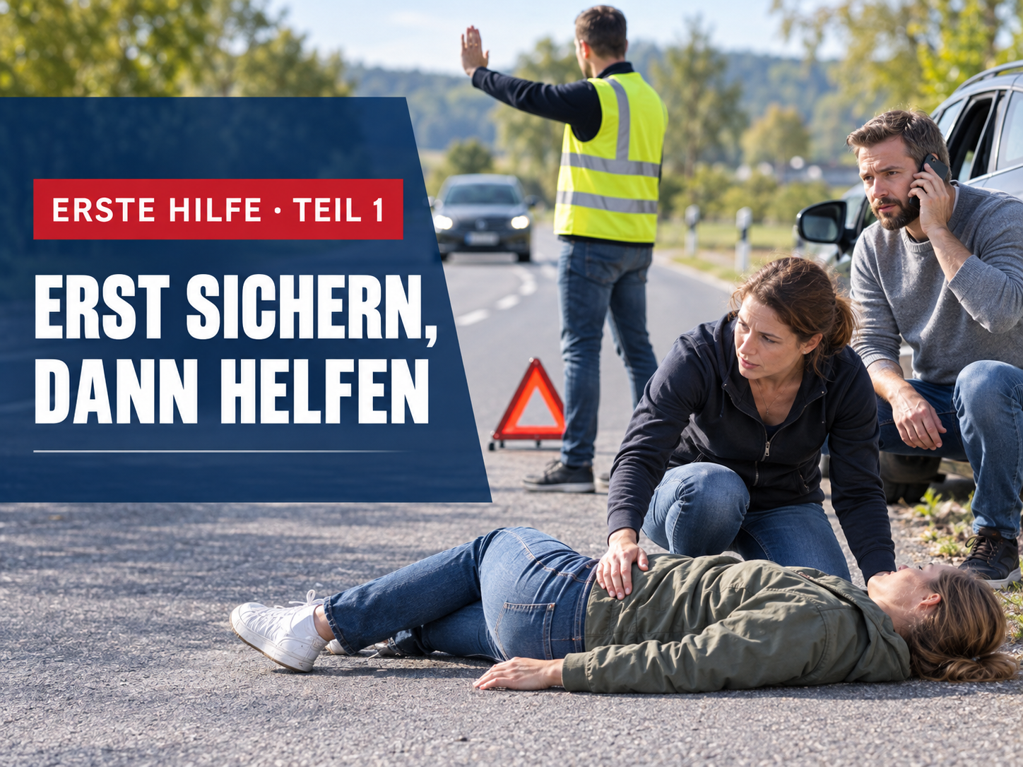 Ersthelfende sichern eine Unfallstelle und leisten Hilfe, während der Notruf 112 verständigt wird.