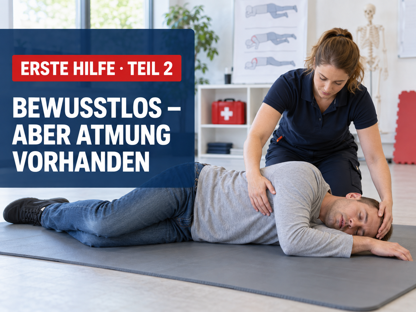Ersthelferin bringt eine bewusstlose, normal atmende Person in die stabile Seitenlage.