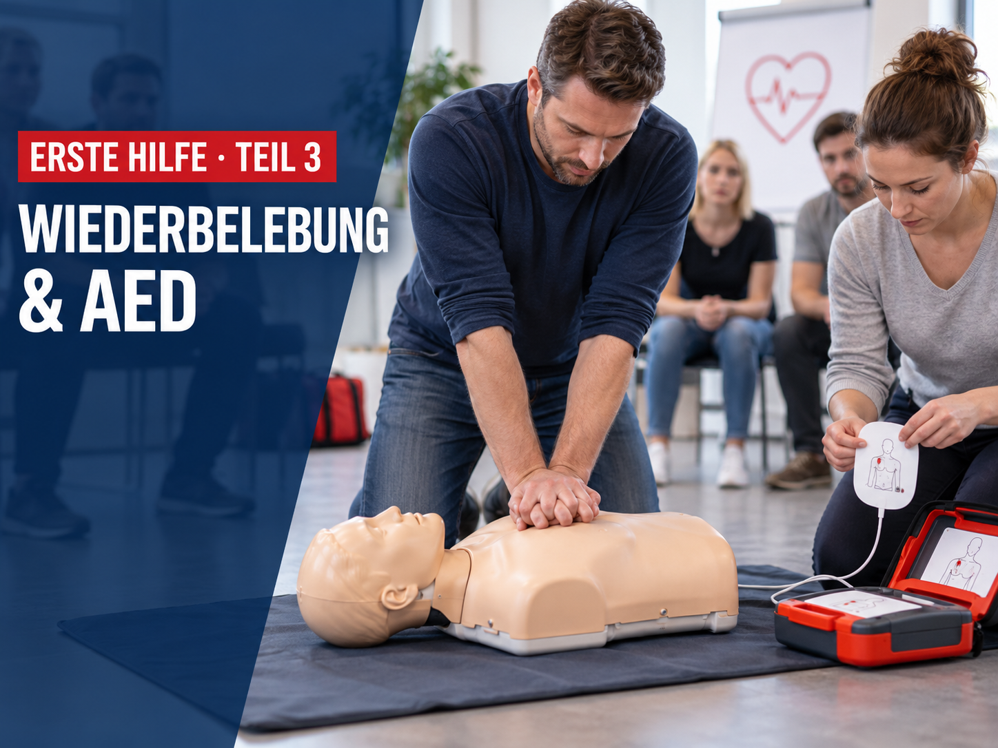 Teilnehmende eines Erste-Hilfe-Kurses üben Herzdruckmassage und den Einsatz eines AED.
