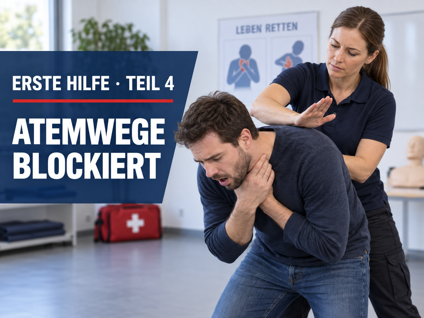 Ersthelferin zeigt Rückenschläge bei einer schweren Verlegung der Atemwege.