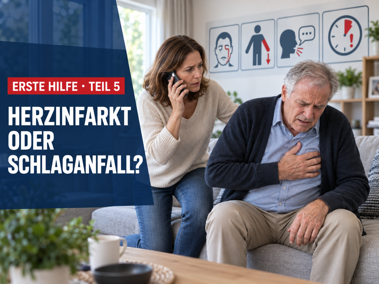 Ersthelferin ruft den Notruf, während ein älterer Mann Anzeichen eines Herzinfarkts zeigt.