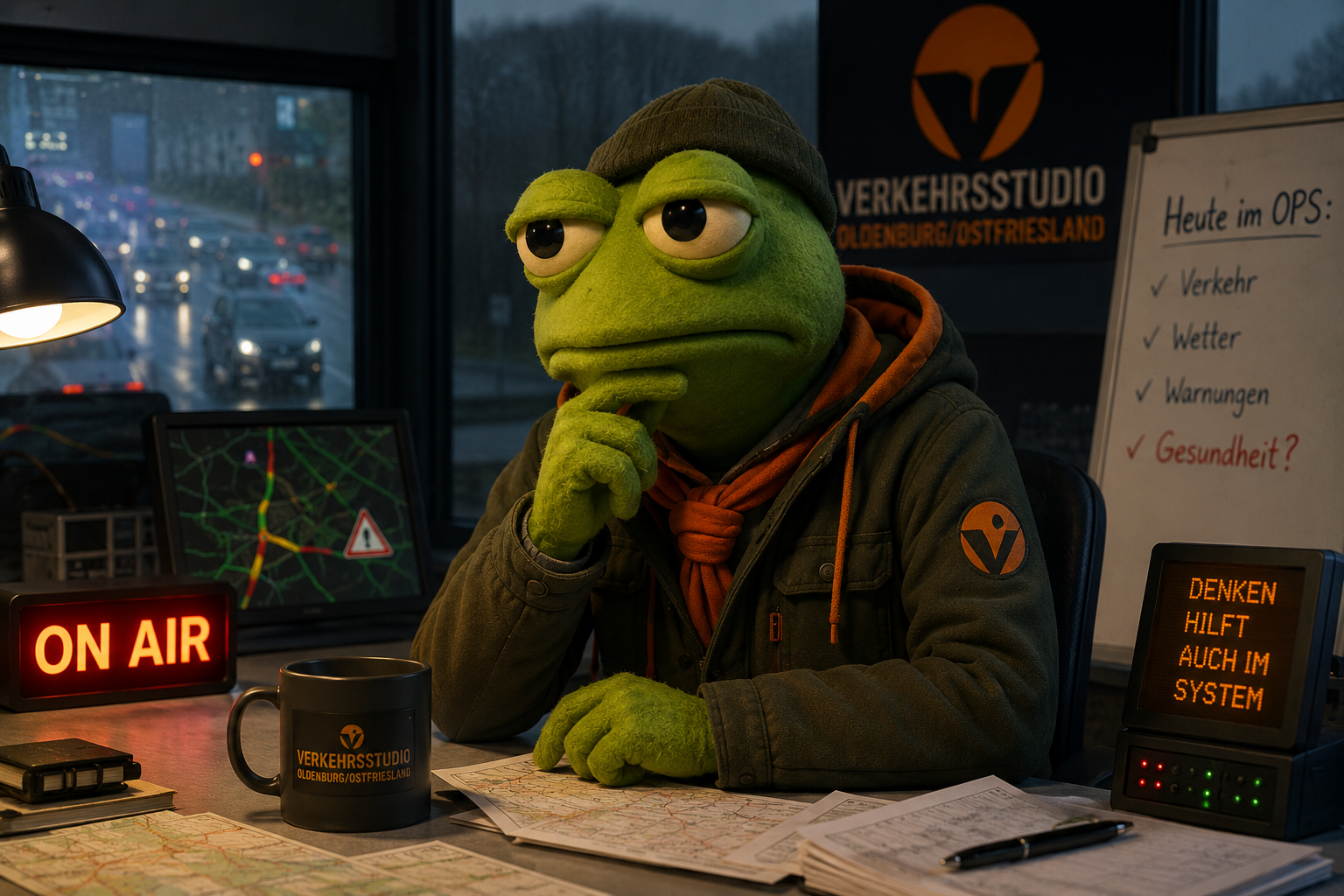 Nachdenklicher Kermit im Verkehrsstudio überlegt, wie Sparpolitik, wirtschaftlicher Druck auf Arztpraxen und Veränderungen der Patientenversorgung zusammenhängen.