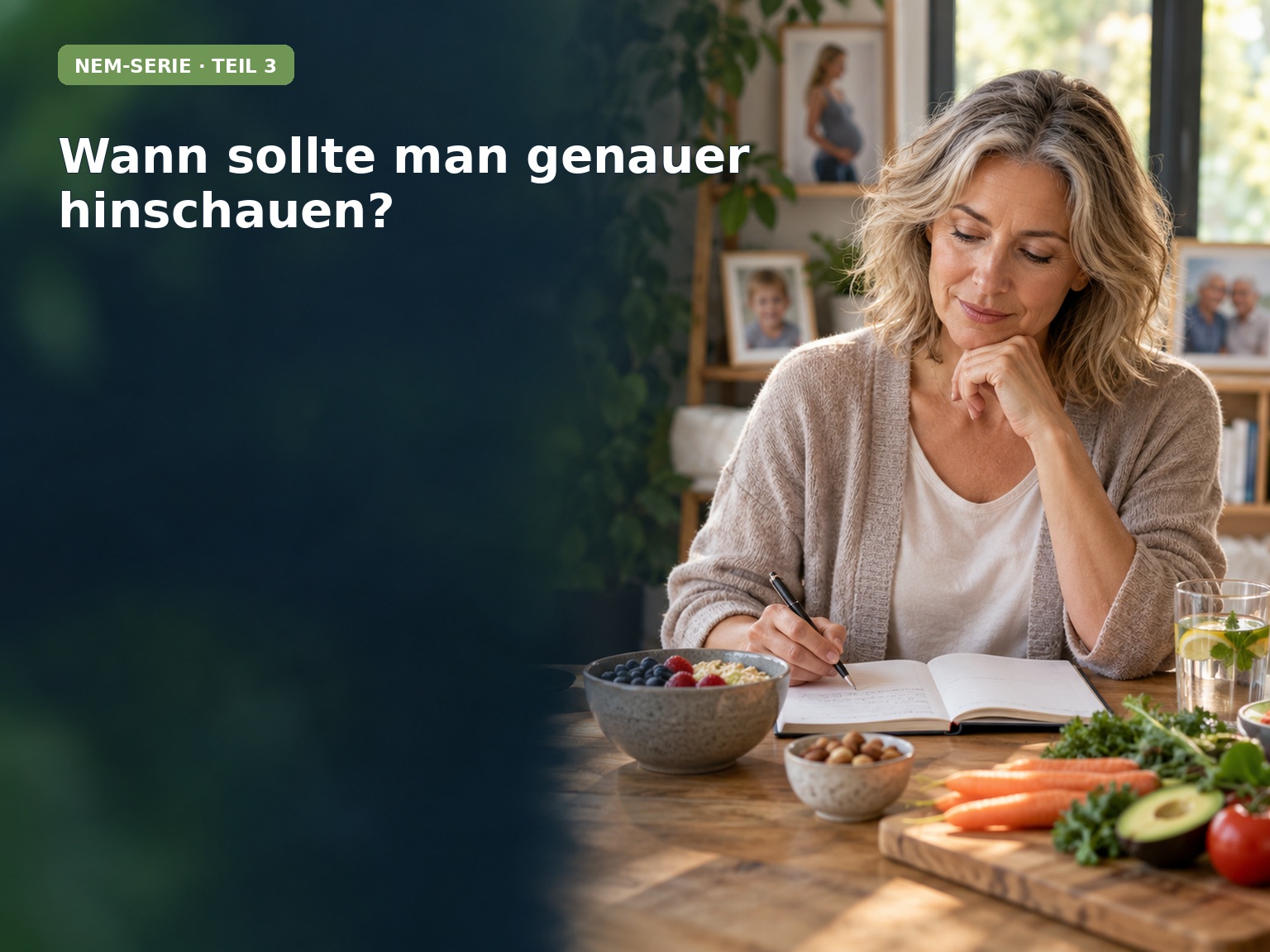 Frau betrachtet ihr Ernährungstagebuch und ausgewogene Lebensmittel – NEM-Serie Teil 3 zum individuellen Nährstoffbedarf.