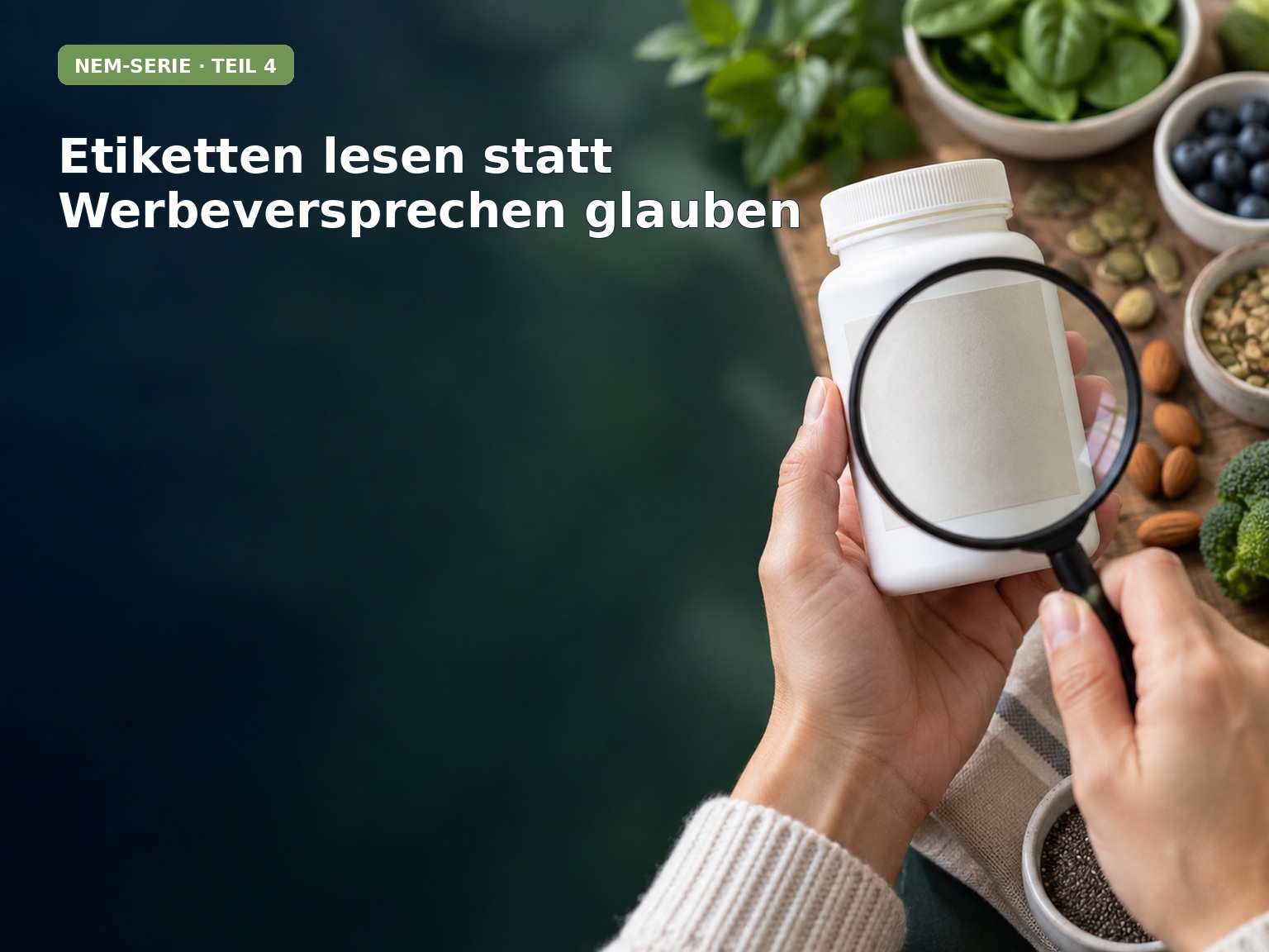 Hände prüfen mit einer Lupe das Etikett eines Nahrungsergänzungsmittels – NEM-Serie Teil 4.