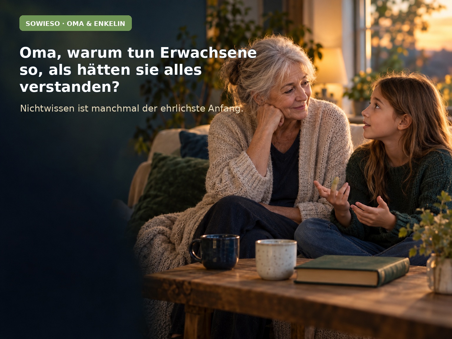 Großmutter hört ihrer Enkelin bei einem Gespräch über Nichtwissen, Fragen und ehrliche Orientierung aufmerksam zu.