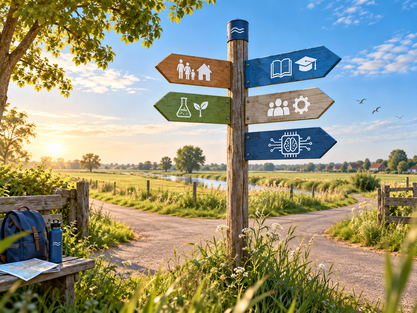 Wegweiser in ländlicher Umgebung mit Symbolen für Familie, Lernen, Forschung, Gemeinschaft und Künstliche Intelligenz als Motiv für die SOWIESO Orientierungszone in Hesel.