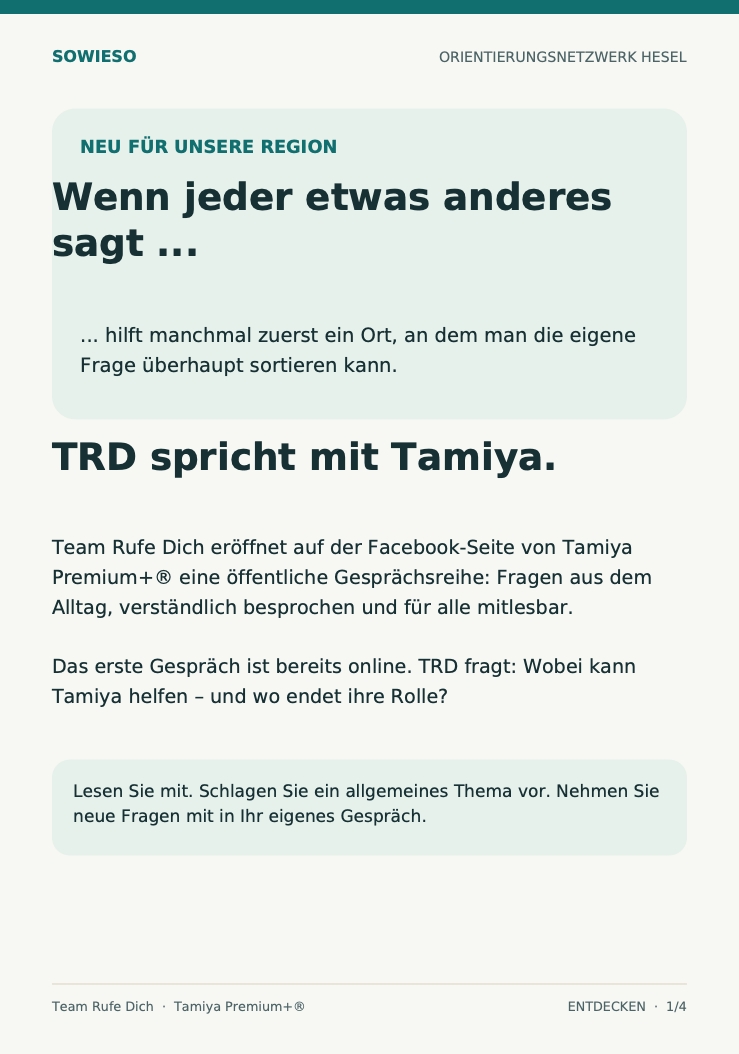 Titelseite des vierseitigen SOWIESO-Infoblatts über Tamiya Premium+ und verständliche Orientierung