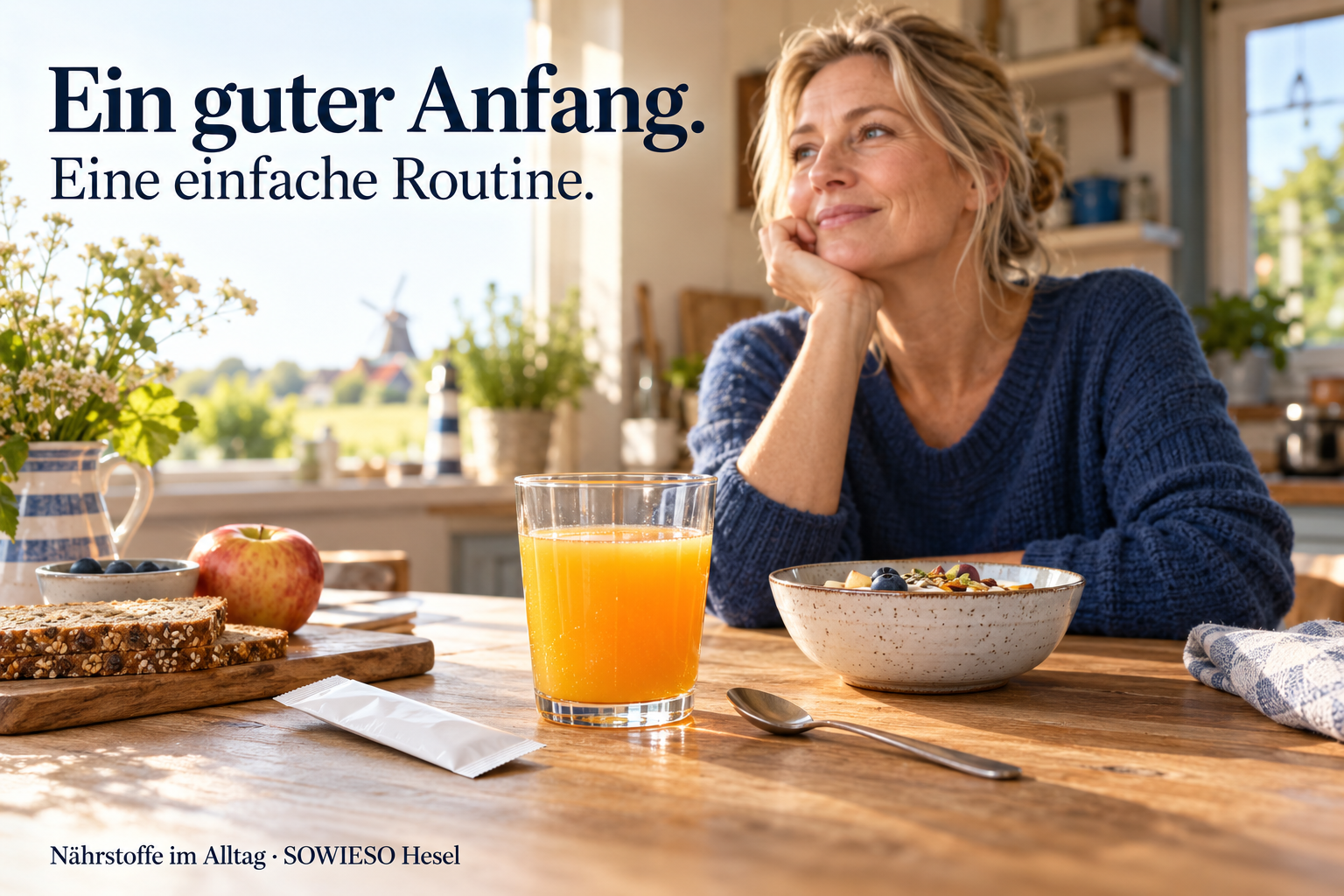 Eine Frau sitzt am sonnigen Frühstückstisch mit Brot, Obst, Müsli und einem orangefarbenen Getränk. Bildtext: „Ein guter Anfang. Eine einfache Routine.“