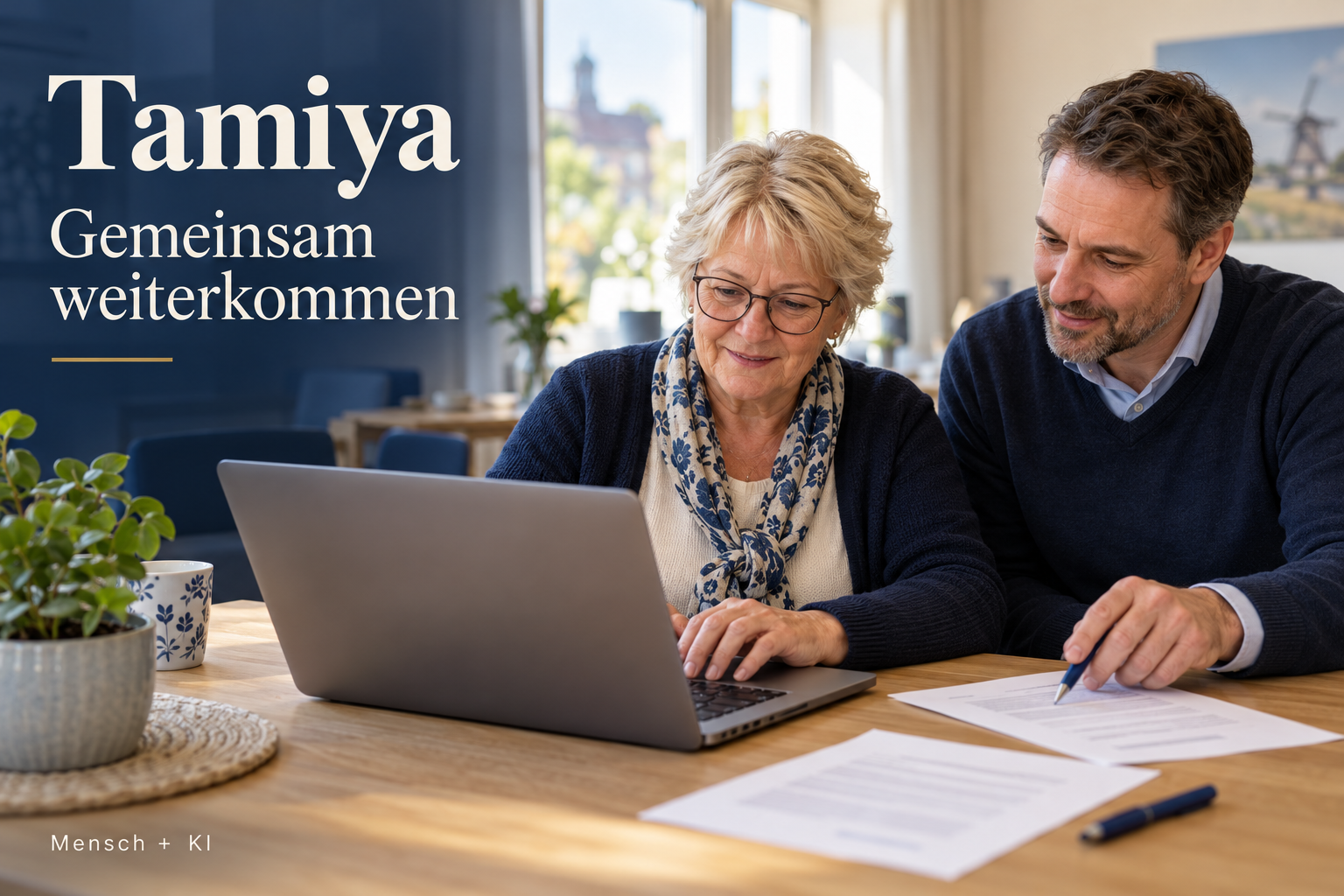 Eine Frau und ein Mann bearbeiten gemeinsam am Laptop ein Schreiben. Aufschrift: „Tamiya – Gemeinsam weiterkommen. Mensch + KI“.