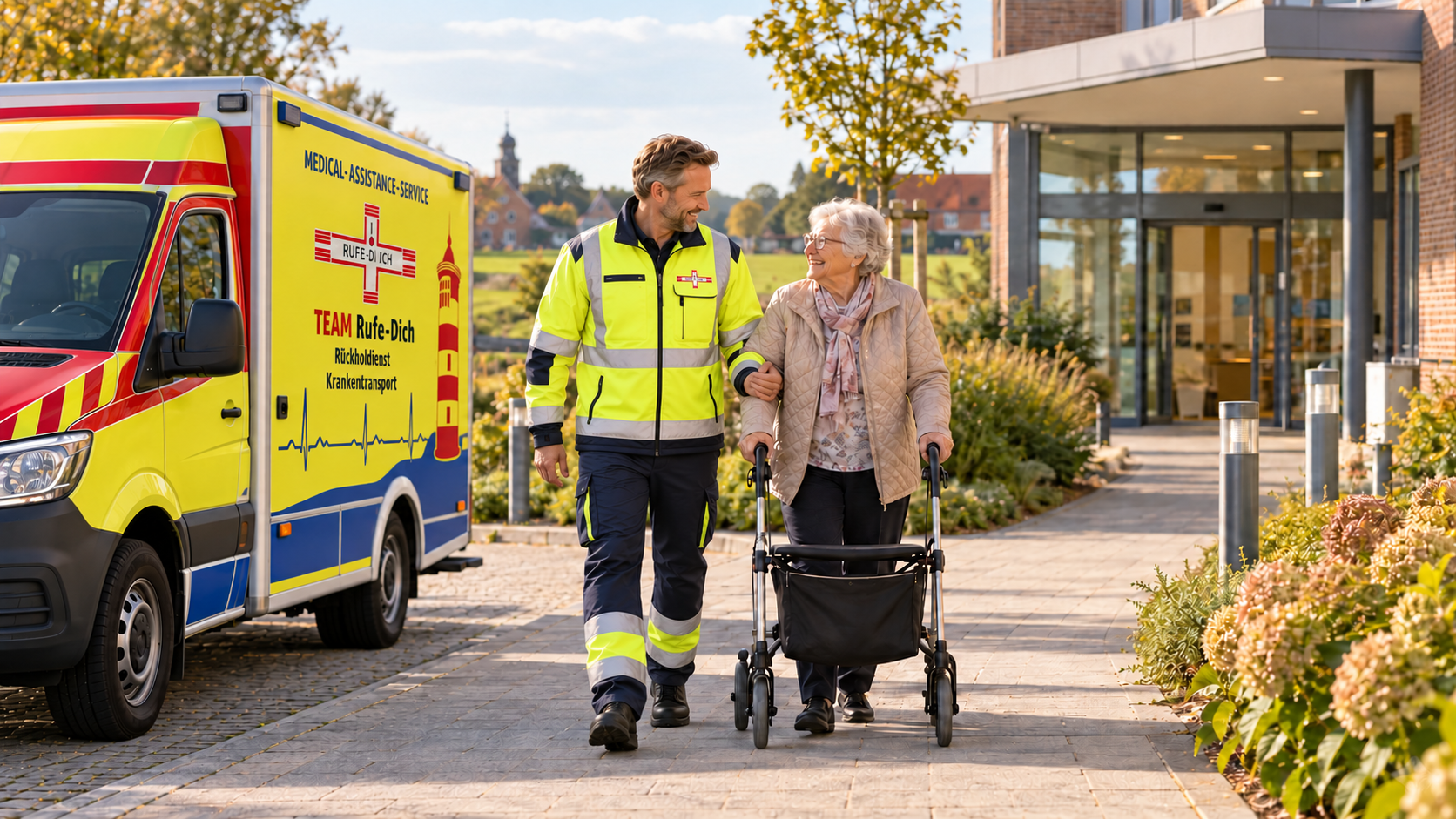 Ein Helfer in gelber Warnschutzkleidung begleitet eine ältere Frau mit Rollator neben einem Team-Rufe-Dich-Fahrzeug vor einem Krankenhaus.